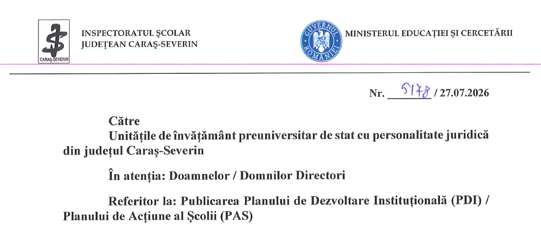 Publicarea Planului de Dezvoltare Institufionala PDI- Planului de Actiune al Scolii (PAS)
